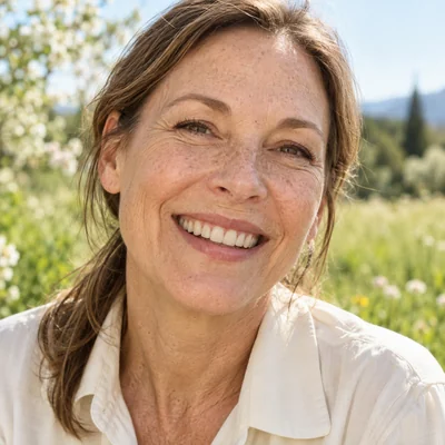Demonstration portrait of a woman smiling in a meadow