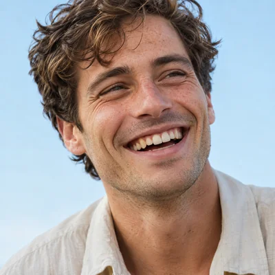 Demonstration portrait of a man with wavy hair laughing
