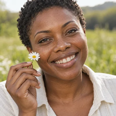 Demonstration portrait of a woman holding a daisy