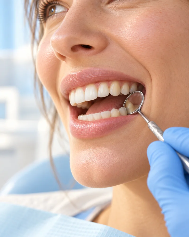 Fictional dental examination with a small mirror and blue glove