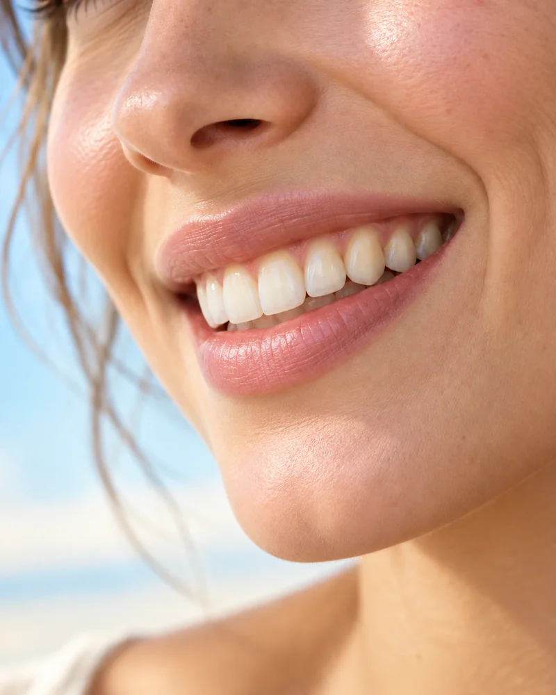 Fictional editorial smile with a natural ivory tooth shade in soft daylight