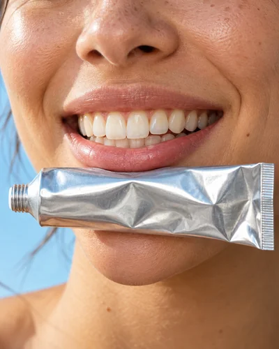 Editorial dental imagery with an unbranded silver tube