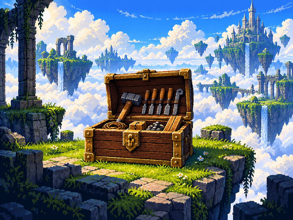 A builder’s chest on a grassy platform high above the clouds.